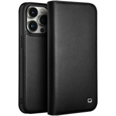 Fourre iPhone 16 Pro - Flip Qialino Matt Wallet cuir véritable - Noir