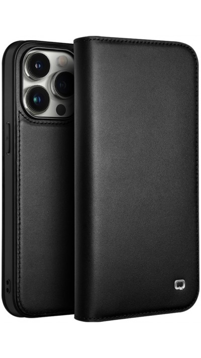 iPhone 16 Pro Case Hülle - Qialino Flip Matt Wallet Echtleder - Schwarz