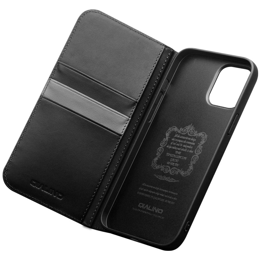 Fourre iPhone 16 Pro - Flip Qialino Matt Wallet cuir véritable - Noir