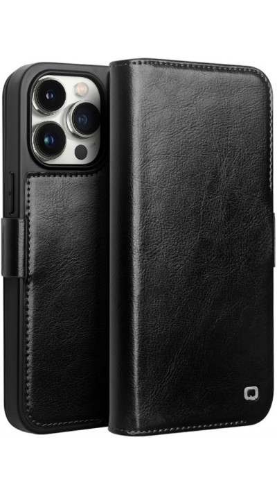 Fourre iPhone 16 Pro Max - Flip Qialino cuir véritable avec fermeture magnétique - Noir