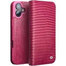 Fourre iPhone 16 - Flip Croco Qialino cuir véritable - Rose