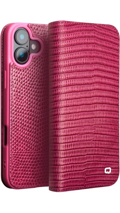 Fourre iPhone 16 Plus - Flip Croco Qialino cuir véritable - Rose