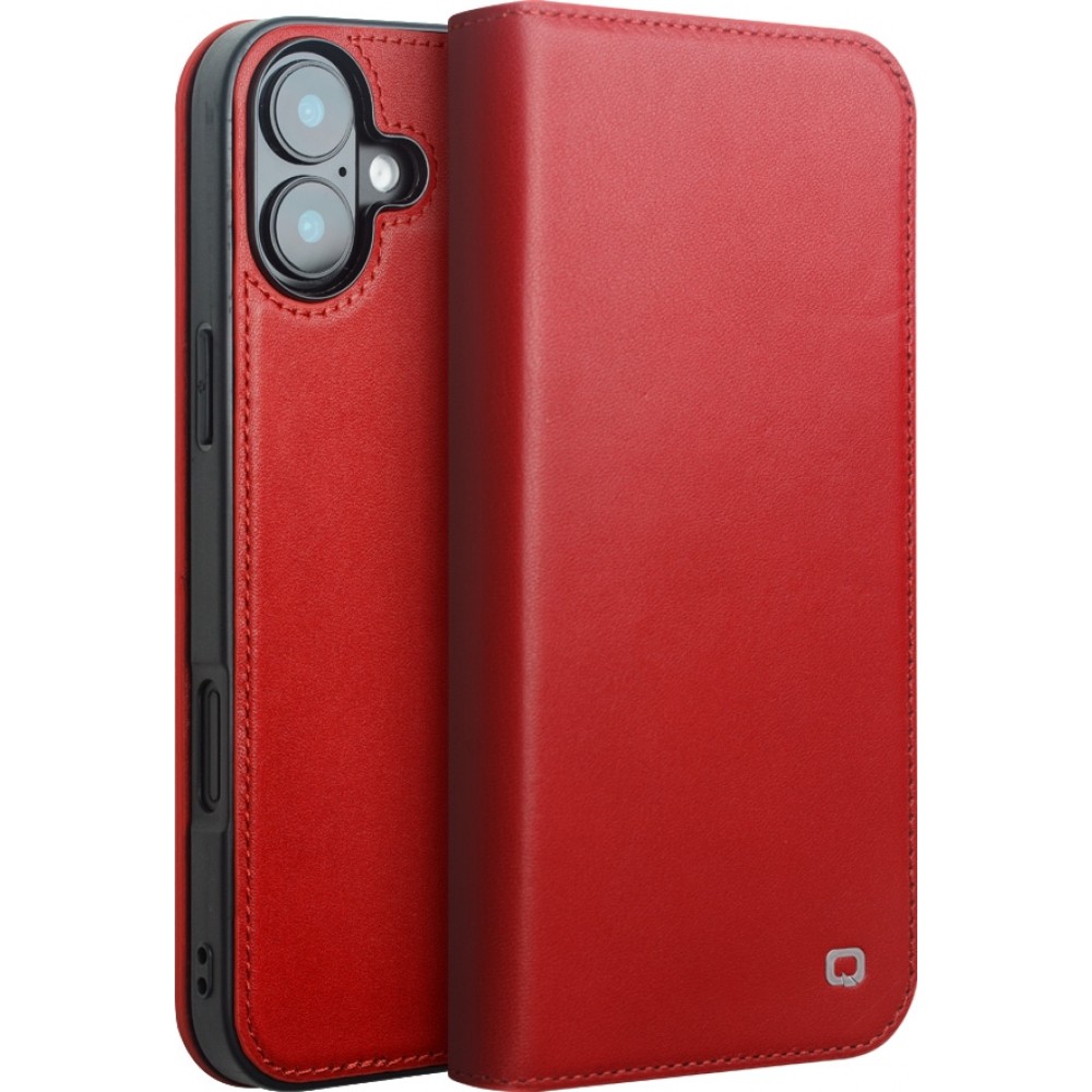 Fourre iPhone 16 Plus - Flip Qialino Matt Wallet cuir véritable - Rouge