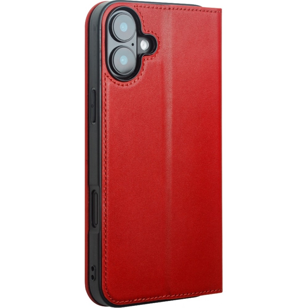 Fourre iPhone 16 - Flip Qialino Matt Wallet cuir véritable - Rouge