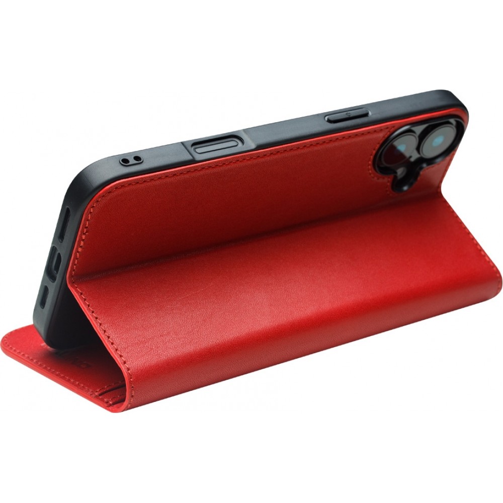 Fourre iPhone 16 - Flip Qialino Matt Wallet cuir véritable - Rouge