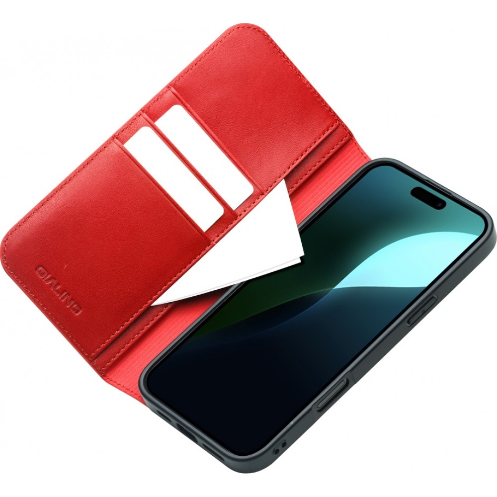 Fourre iPhone 16 - Flip Qialino Matt Wallet cuir véritable - Rouge