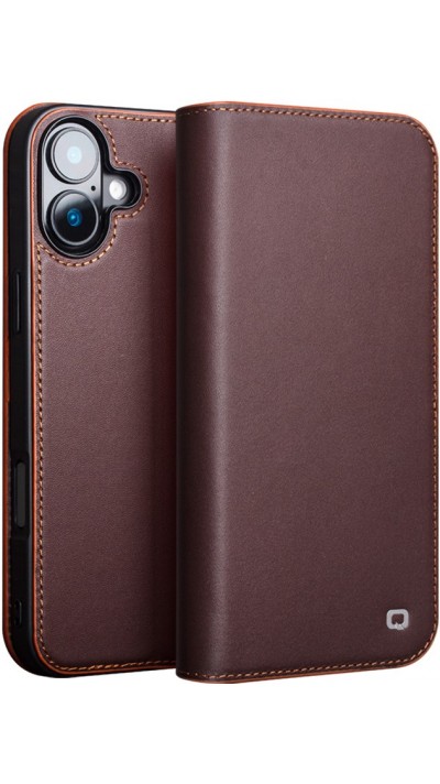 iPhone 16 Case Hülle - Qialino Flip Matt Wallet Echtleder - Braun