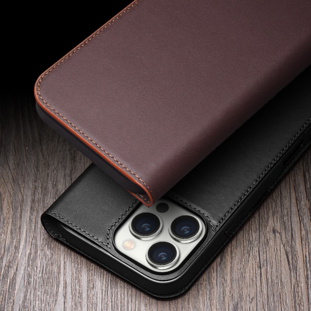 Fourre iPhone 16 Plus - Flip Qialino Matt Wallet cuir véritable - Brun