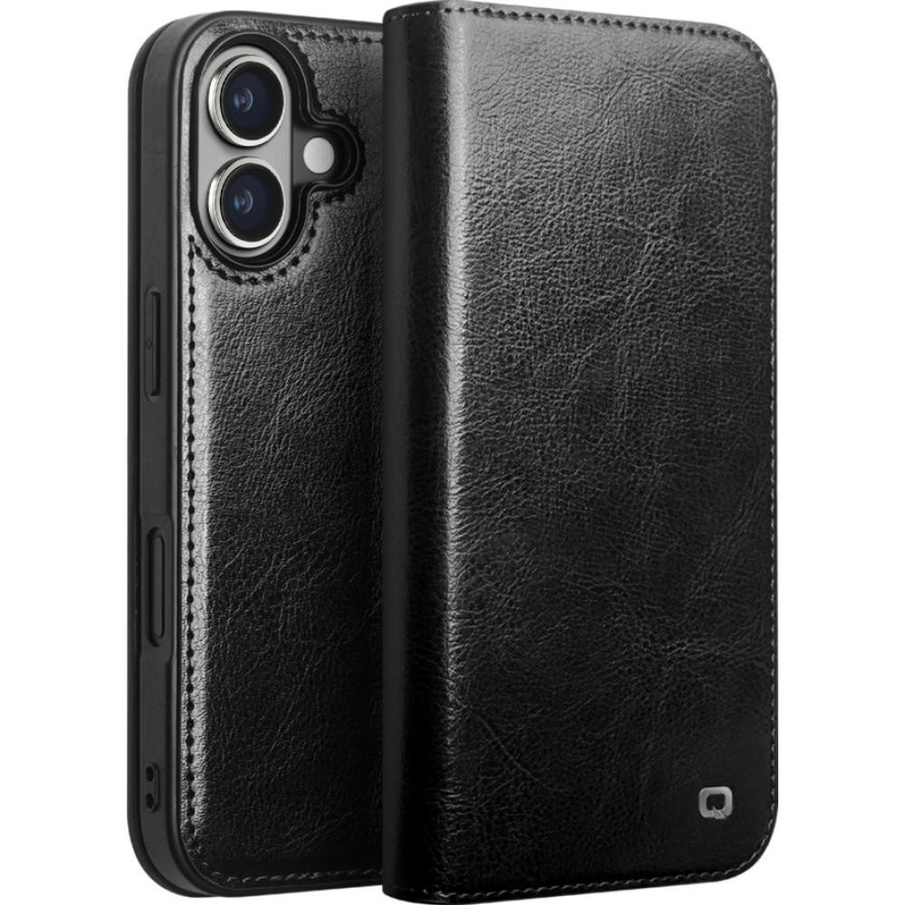 Fourre iPhone 16 Plus - Flip Qialino Classic Wallet cuir véritable - Noir