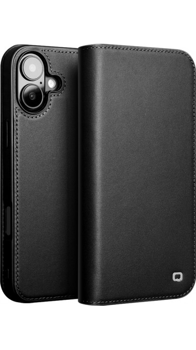 iPhone 16 Case Hülle - Qialino Flip Matt Wallet Echtleder - Schwarz