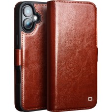 Fourre iPhone 16 Plus - Flip Qialino cuir véritable avec fermeture magnétique - Brun