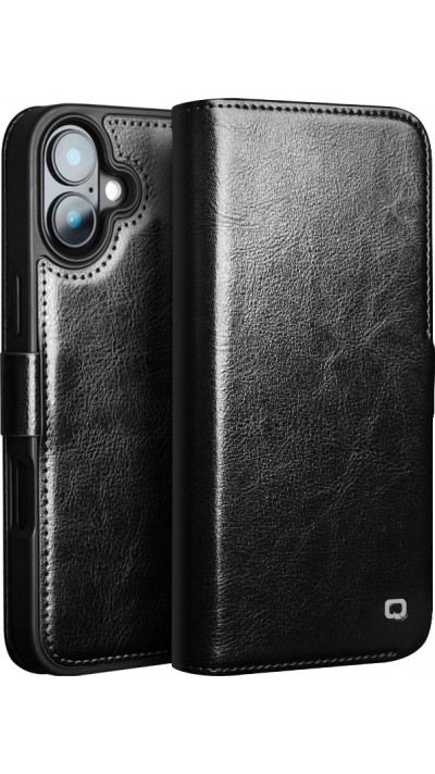 Fourre iPhone 16 Plus - Flip Qialino cuir véritable avec fermeture magnétique - Noir