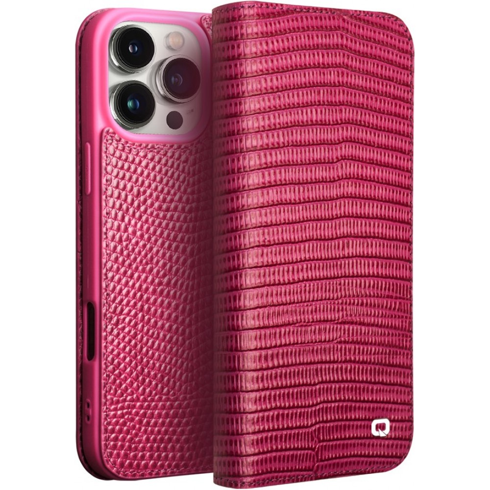 Fourre iPhone 16 Pro - Flip Croco Qialino cuir véritable - Rose