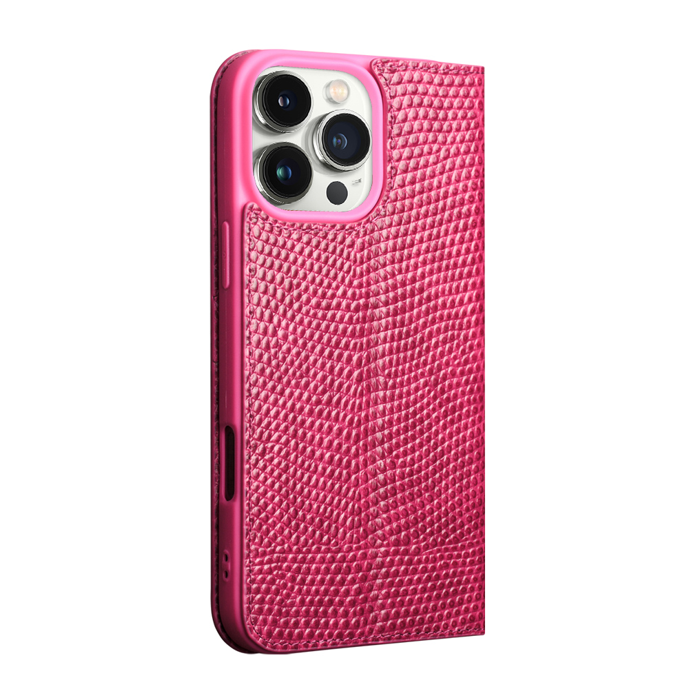 Fourre iPhone 16 Pro Max - Flip Croco Qialino cuir véritable - Rose