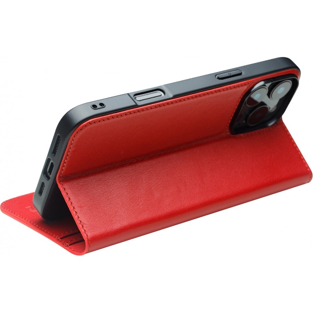 Fourre iPhone 16 Pro - Flip Qialino Matt Wallet cuir véritable - Rouge