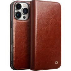 Fourre iPhone 16 Pro Max - Flip Qialino Classic Wallet cuir véritable - Brun