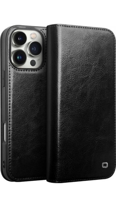 iPhone 16 Pro Max Case Hülle - Qialino Flip Classic Wallet Echtleder - Schwarz