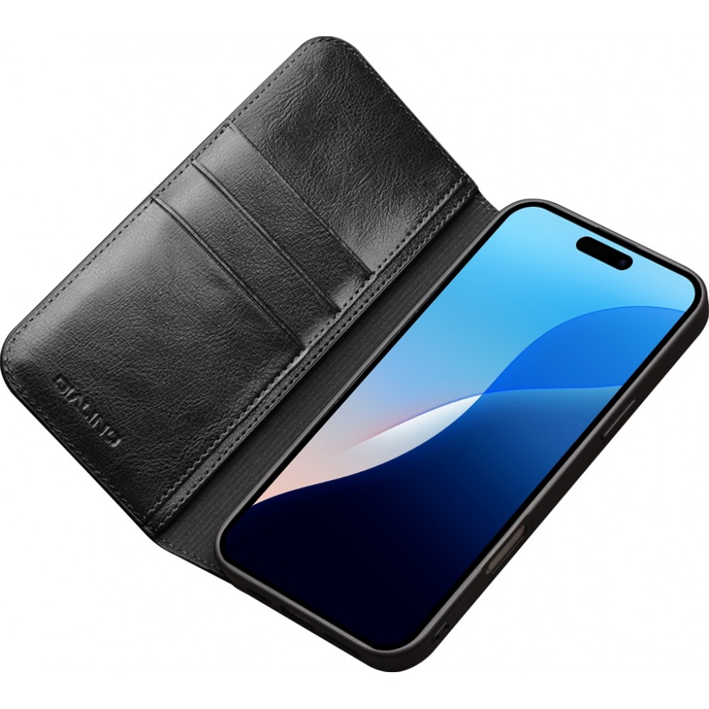 Fourre iPhone 16 Pro Max - Flip Qialino Classic Wallet cuir véritable - Noir