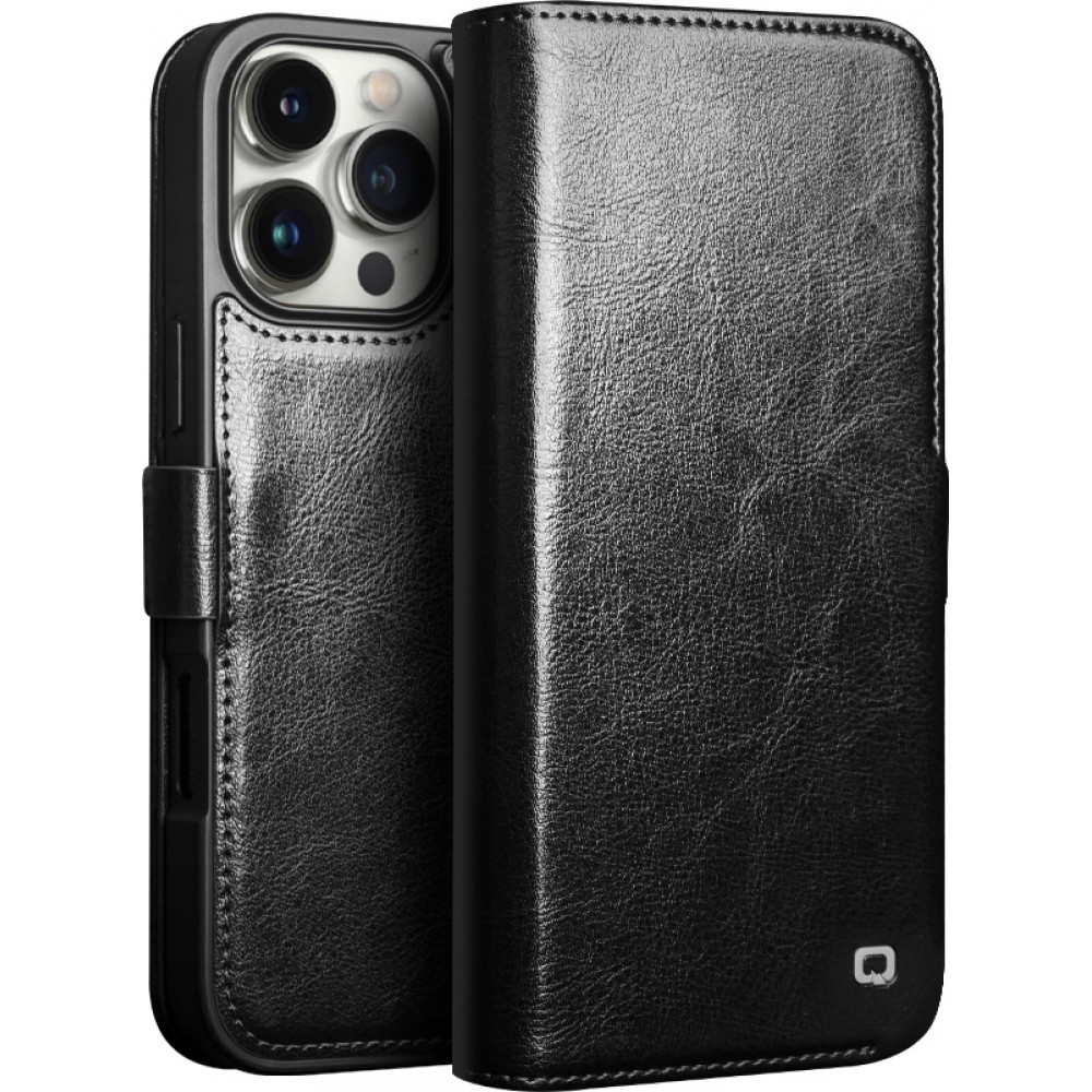 Fourre iPhone 16 Pro - Flip Qialino cuir véritable avec fermeture magnétique - Noir