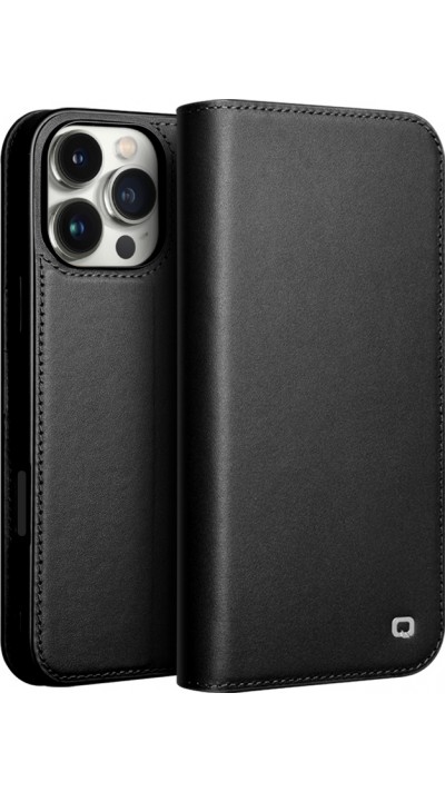 Fourre iPhone 16 Pro Max - Flip Qialino Matt Wallet cuir véritable - Noir