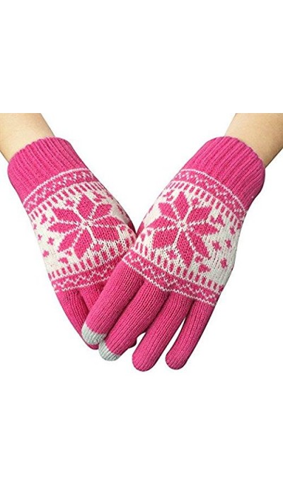 Gants tactiles d'hiver en tricot "Snowflake" avec compatibilité avec les écrans de smartphones et tablettes - Rose