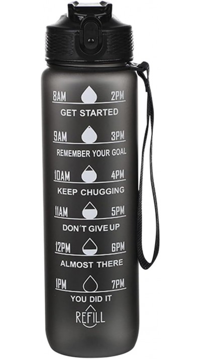 Grosse Wasserflasche 1000ml Stay Hydrated mit Drink-Motivation und Sicherheitsverschluss - Schwarz