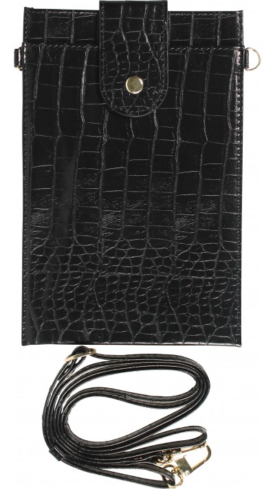 Elegante Universal-Smartphone- Tasche in luxuriöser Krokodil-Lederoptik mit Halsriemen - Schwarz