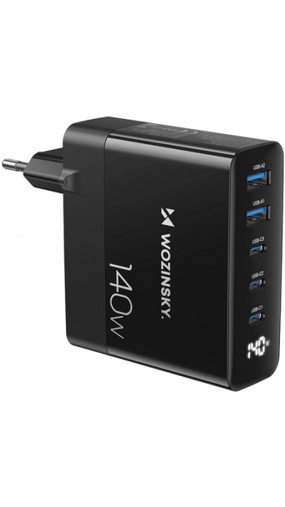 WOZINSKY Multi-Adapter 140W Fast Charger GaN 5 in 1 Powerbooster 3x USB-C + 2x USB-A  - Schwarz